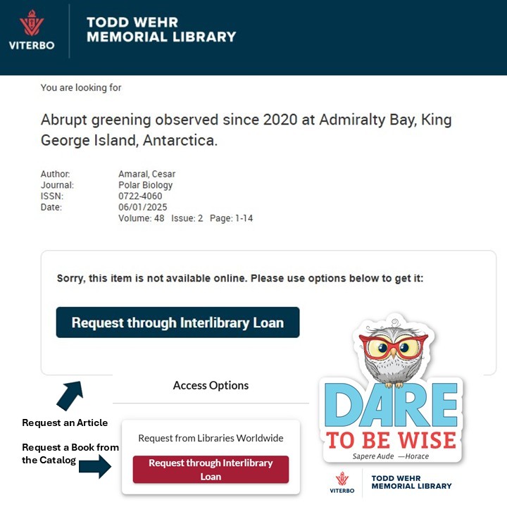 Interlibrary Loan request screen with Rosie the owl logo