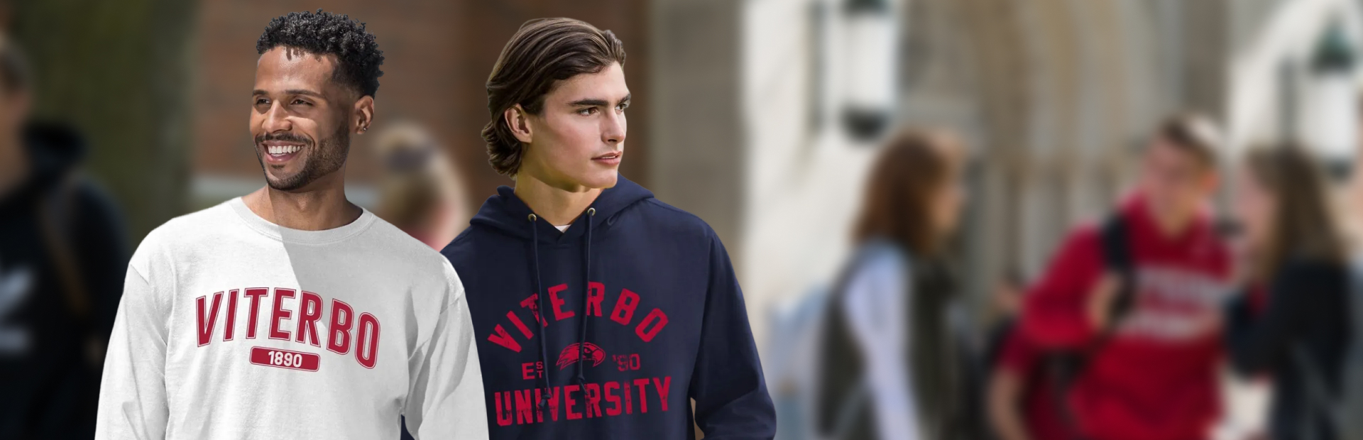 Students posing with Viterbo merch