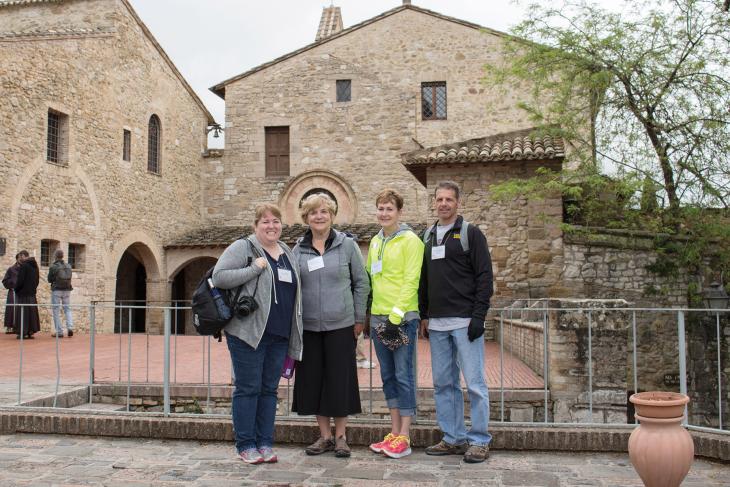 Jane Eddy (second from left) with fellow Assisi pilgrims (2015): Alissa Oelfke, business; Karen Gibson, nutrition and dietetics; and Gibson’s husband, Randy.