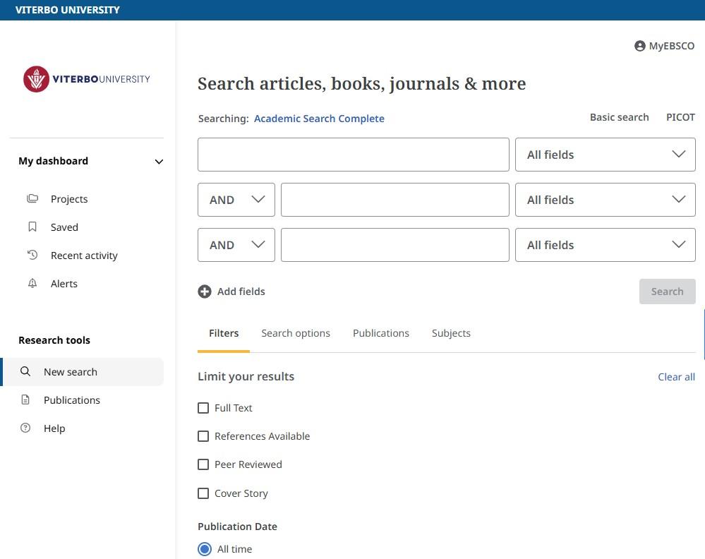 Screenshot of Viterbo's new EBSCO databases interface