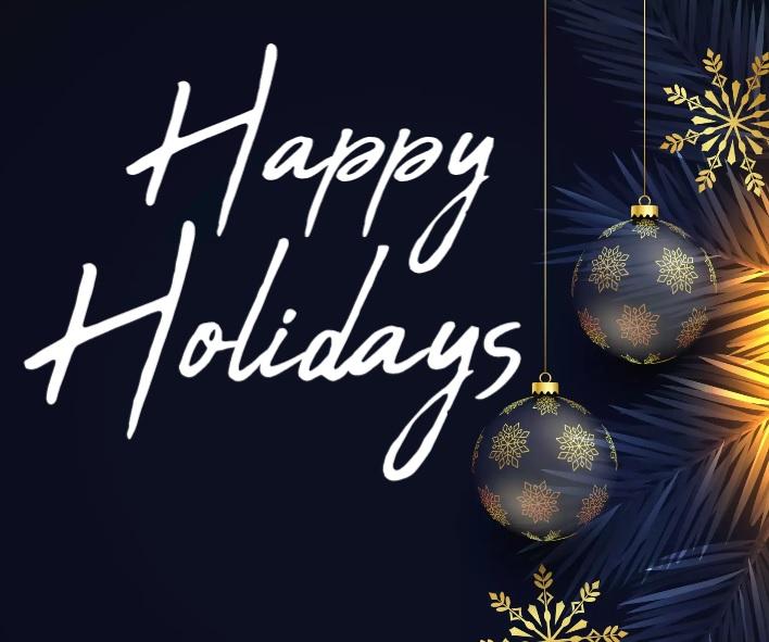 Image of Christmas ornaments and snowflakes on a gold evergreen bough with the words "Happy Holidays"