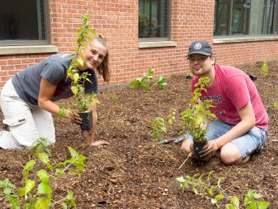 Emily McCurdy and Ben Lisek planting Viterbo pollinator garden