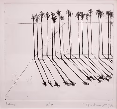 Etching depicting rows of palm trees
